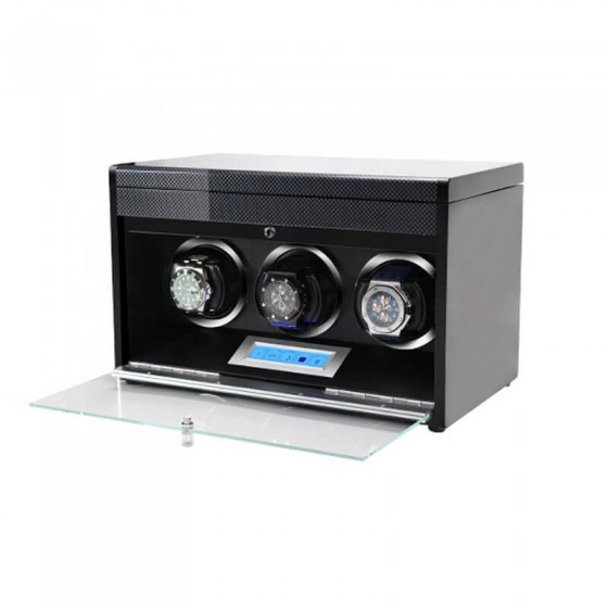 Luxury Handmade Carbon Fibre 3 Watch Winder Box with Drawer
