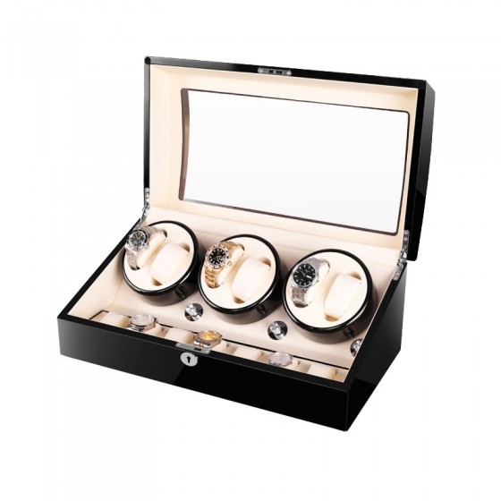 Black Six Pieces Automatic Watch Winder with Beige Interiora and 7 Extra Storages Spaces