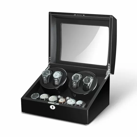 Interior of black watch winder box showing 4 independent winding rotors and 6 cushioned storage compartments