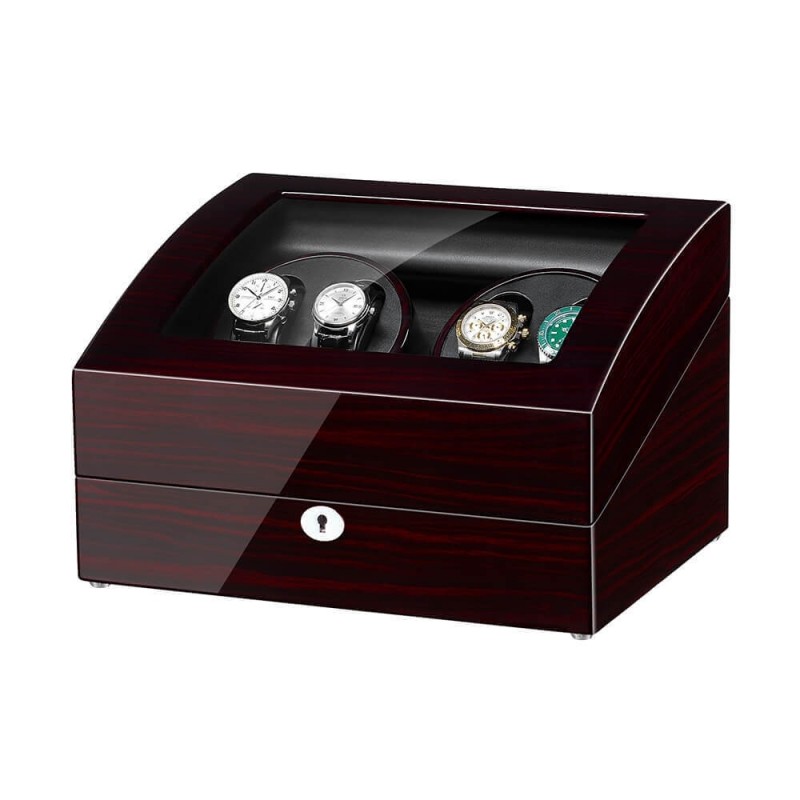 Ebony wood finish 4-slot watch winder box with 6 watch storage slots – front view