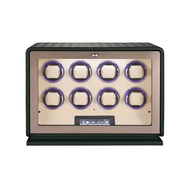 Roroos Luxy 8-watch winder in forest green PU leather with tempered glass front, full view