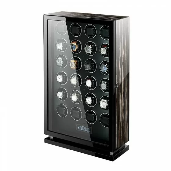 24 individually programmable watch winding slots inside Roroos ebony wood watch winder cabinet