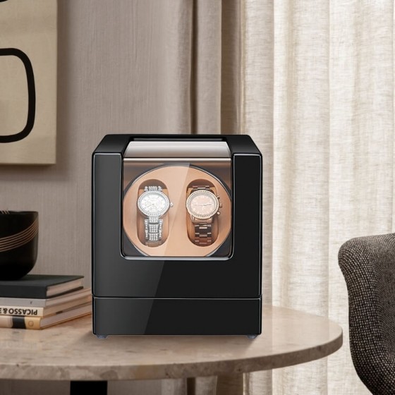 Roroos almond leather double watch winder displayed on walnut desk alongside luxury automatic watches