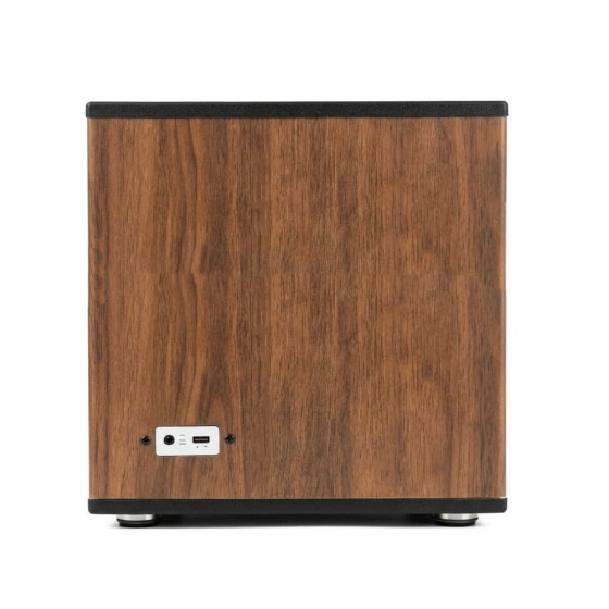 Walnut wood quad watch winder rear panel — USB-C power input recessed into walnut back panel, clean cable-free side and front profile