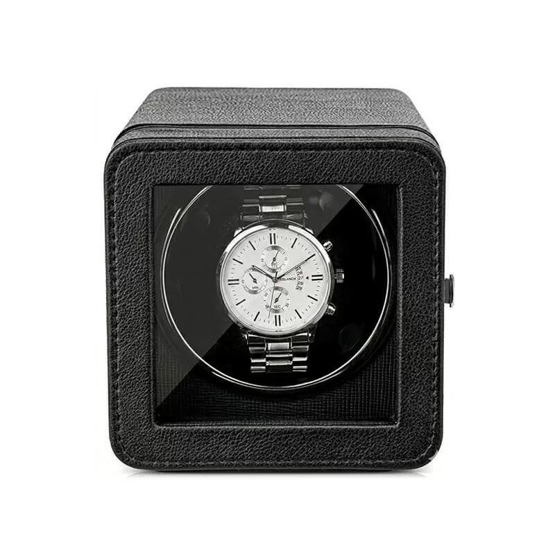 Nappa premium black leather single automatic watch winder box by Roroos, front view
