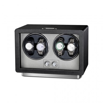 Roroos black leather watch case with 4 automatic winders and lockable display glass front Overview