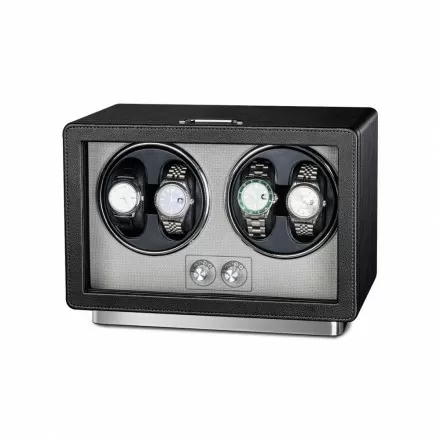 Roroos black leather watch case with 4 automatic winders and lockable display glass front Overview