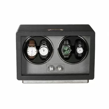 Roroos black leather watch case with 4 automatic winders and lockable display glass front