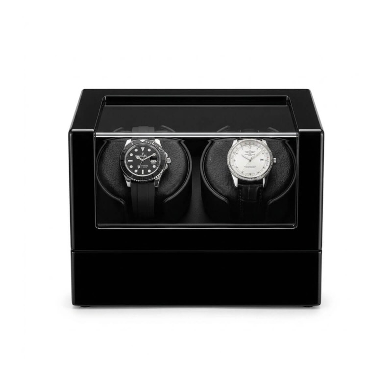 Roroos black double watch winder closed, front view with two automatic watches visible through the clear window