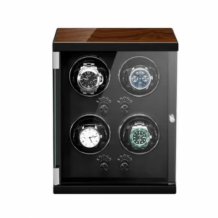 Roroos classic vertical 4-watch winder with black suede interior and glass front display door