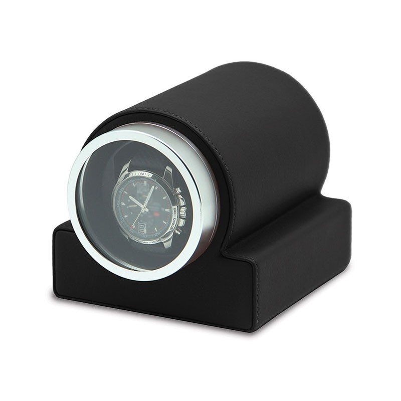 Remontoir de montre simple classique en cuir noir avec fenêtre en verre