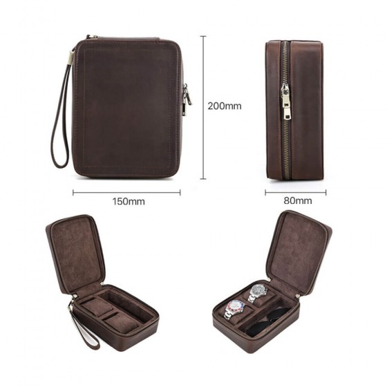 Close-up of handmade stitching on Roroos leather watch and sunglasses travel organizer