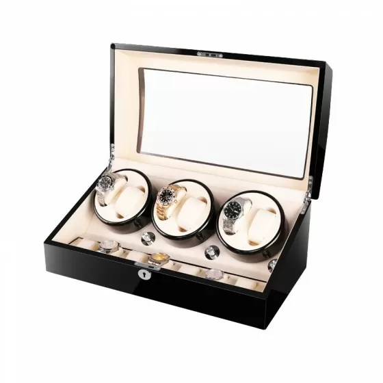 Enrollador de reloj automático de seis piezas negro con interior beige y 7 espacios de almacenamiento adicionales
