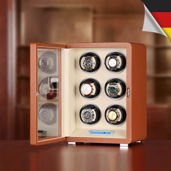 LCD Touch Automatic 6 Slot Uhrenbeweger mit braunem Leder