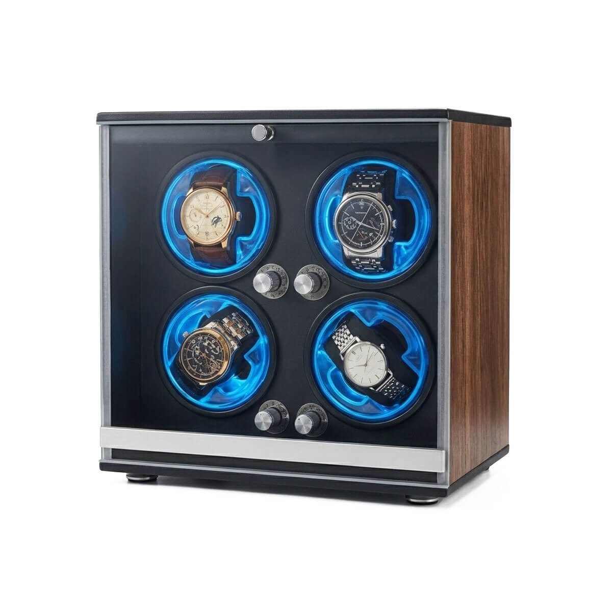 Walnut wood quad watch winder 3/4 angle — warm walnut side panel with aluminum frame, four blue LED ambient rings and two dual-slot mode knobs