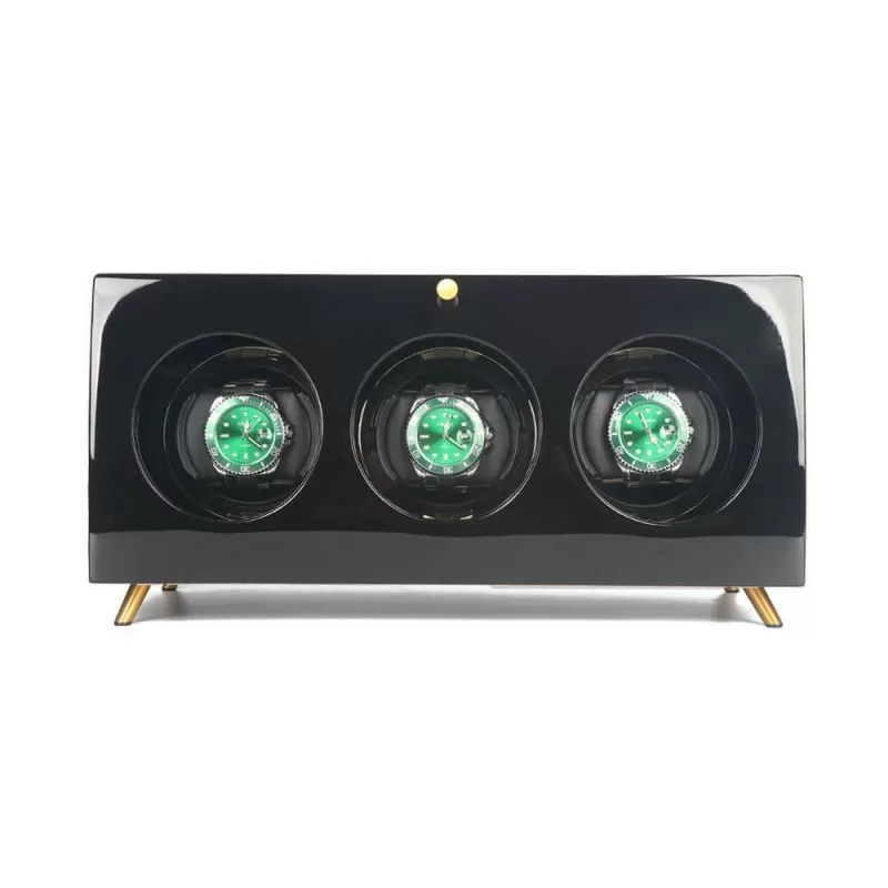 Roroos black wooden 3-watch winder box for Rolex automatic watches