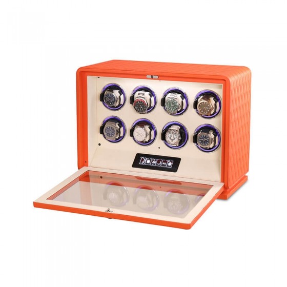 Exquisiter automatischer Uhrenbeweger mit 8 Fächern aus feurigem orangefarbenem Leder