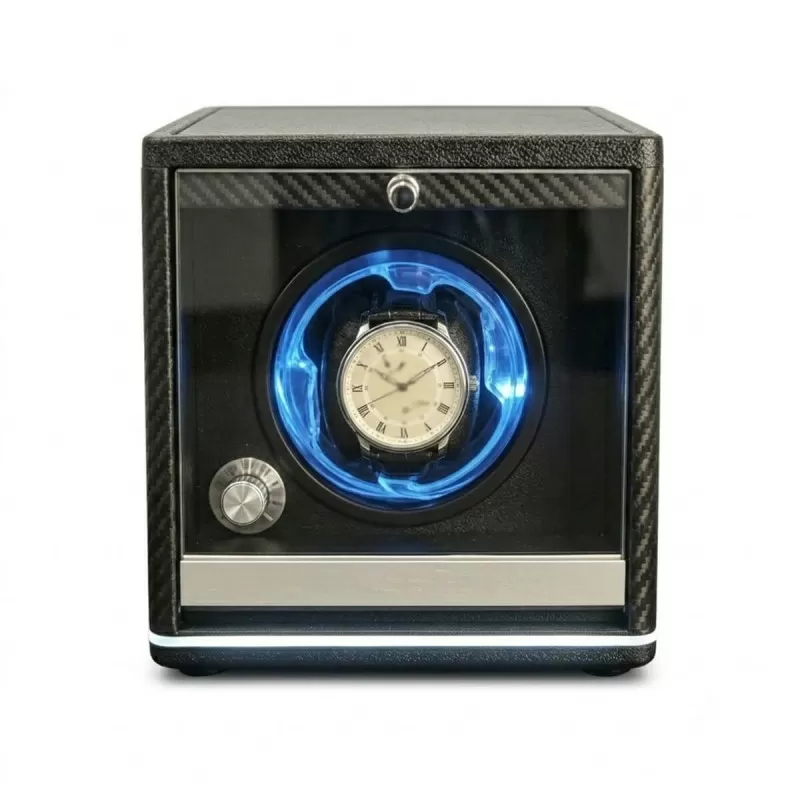Cargador de relojes en carbono para 1 reloj con luz LED ambiental – vista frontal con puerta de cristal y manopola cromada