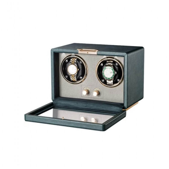 Green leather watch winder interior — grey cushion slots for Rolex Submariner and Datejust