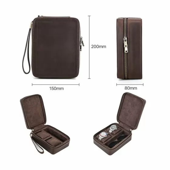 Size of Handmade genuine leather 2-slot travel case for watch and glasses