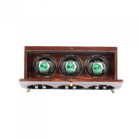 Interior of solid wood 3-slot watch winder showing three independent winding rotors with adjustable watch pillows