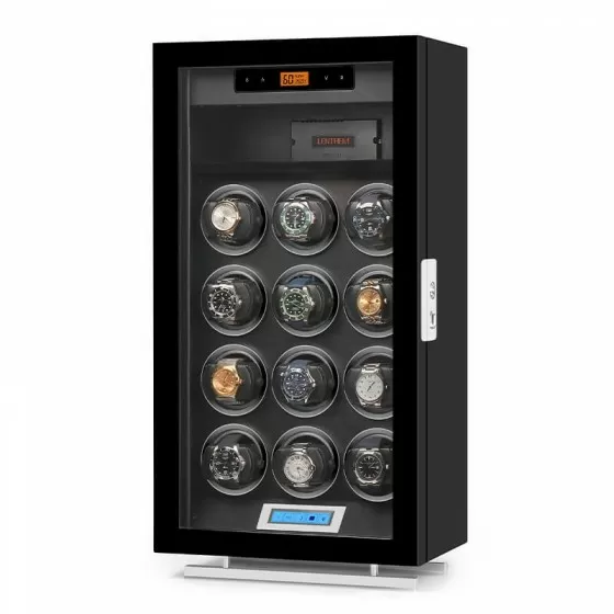 12-slot automatic watch winder dry cabinet with humidity control by Roroos, angled view