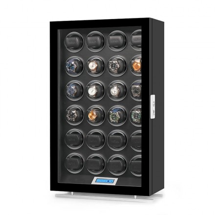 Professional 24-watch automatic winder cabinet with UVC sanitizing and LED display by Roroos, front view Overview