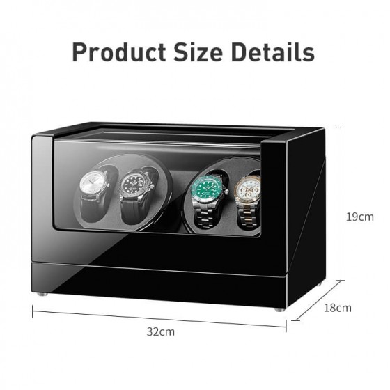 Black wooden watch winder – natural wood grain detail on matte black quad watch winder case