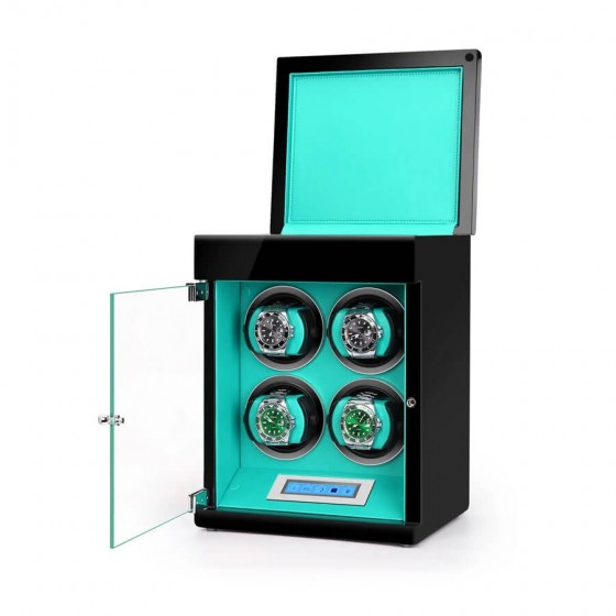 Open view of Tiffany blue quad watch winder and jewelry box