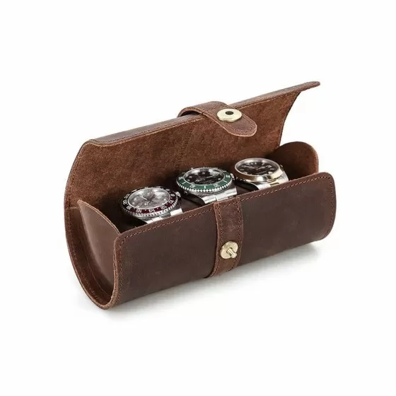 Three microfibre-lined watch slots in Roroos top grain leather roll, fully unrolled
