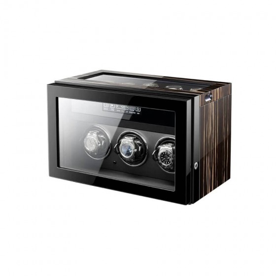 Striped ebony wood piano lacquer finish on Roroos 3-slot watch winder box