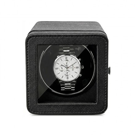 Nappa premium black leather single automatic watch winder box by Roroos, front view