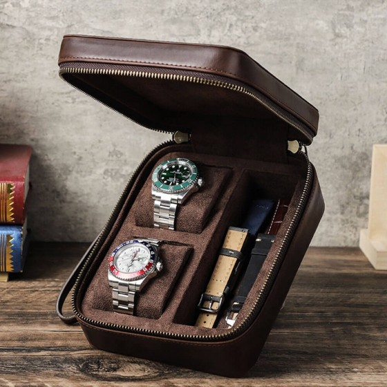 Roroos leather travel case holding a Rolex Submariner and sunglasses