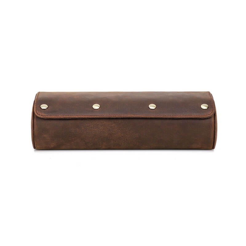 Roroos genuine leather travel watch roll unrolled to show 3 individual padded watch slots in brown leather
