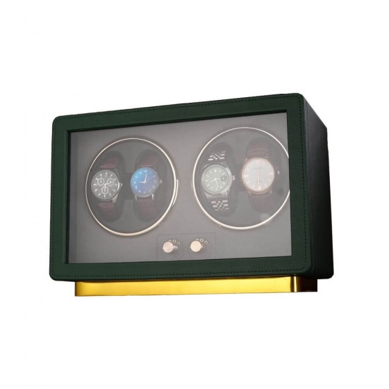 Deep hunter green leather exterior detail of Roroos quad watch winder box with glass panel door