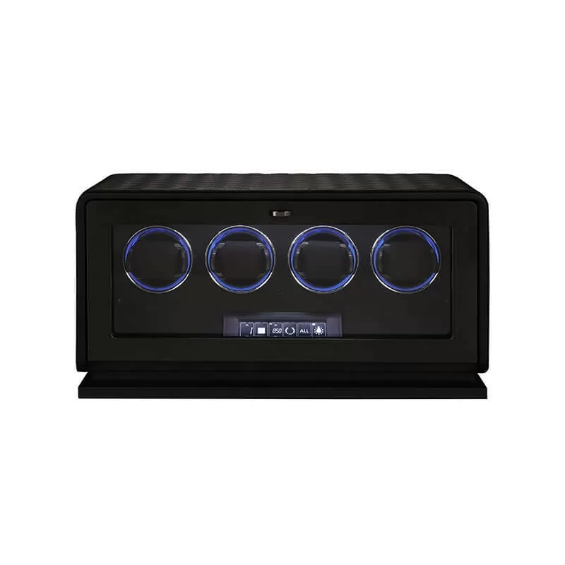 Roroos luxury black leather 4-watch winder box with beveled glass lid, front view