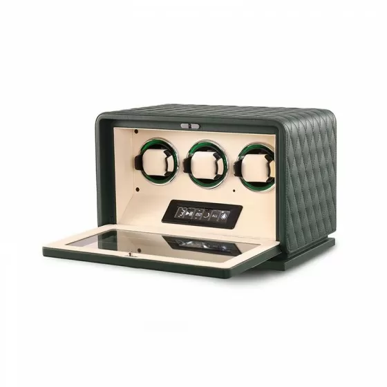 Beige velvet interior and flexible watch pillows inside Roroos 3-slot watch winder box