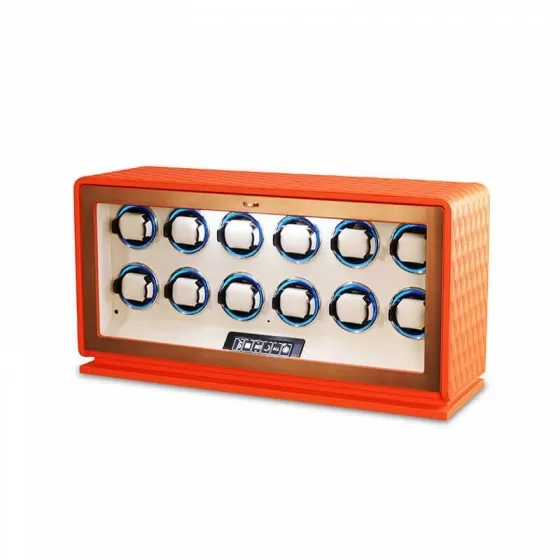 Interior of Roroos orange leather 12-watch winder showing 12 padded cushion holders for automatic watches
