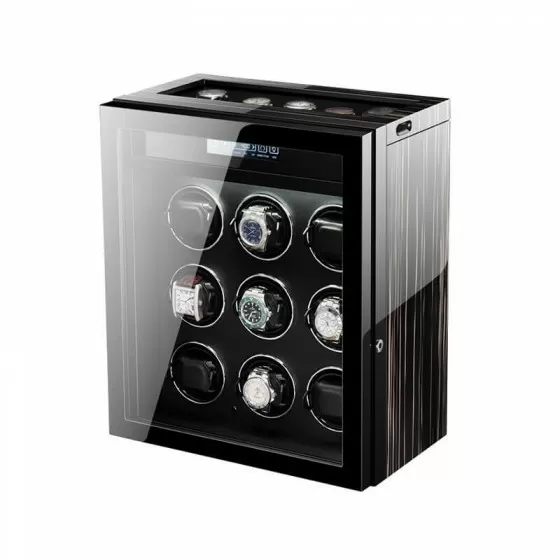 Angled view of 9 Watch Winder Box with 5 Extra Storage