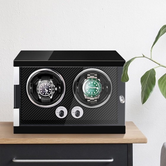 Space-saving vertical profile of Roroos all-black double watch winder for Singapore apartments