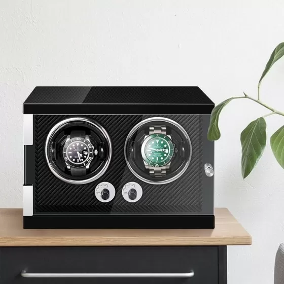 Space-saving vertical profile of Roroos all-black double watch winder for Singapore apartments