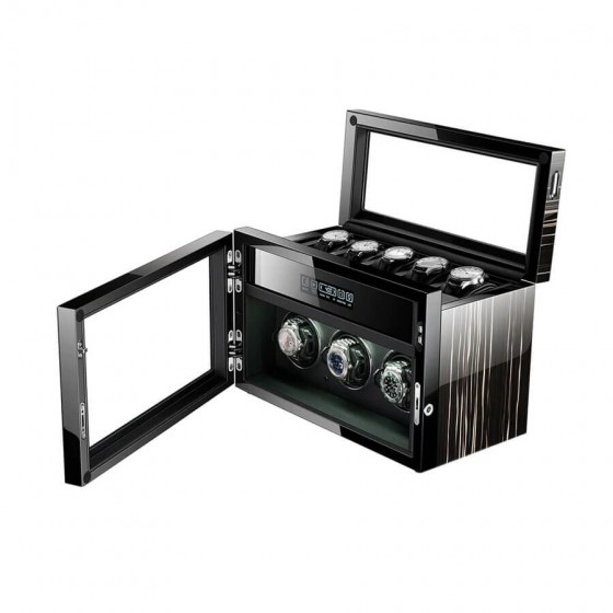 Dark Warrior watch winder interior showing velvet-lined watch cradles and LCD touch screen panel