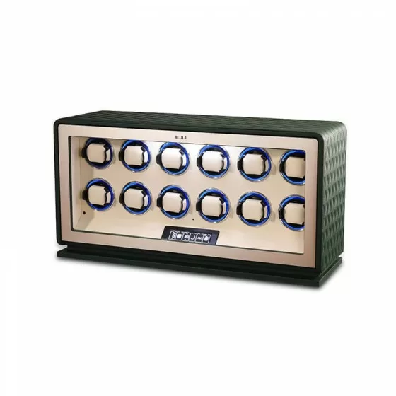 The Emerald Maestro: Forest Green Leather 12-Watch Winder with Touchscreen