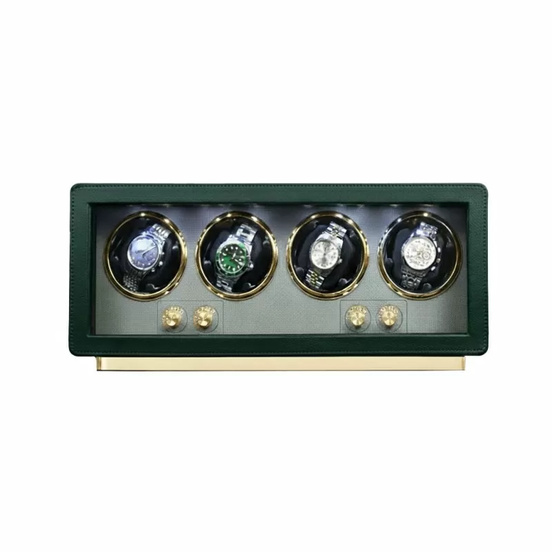 4 watch winder in hunter green leather exterior compatible with Rolex automatic watches – Roroos
