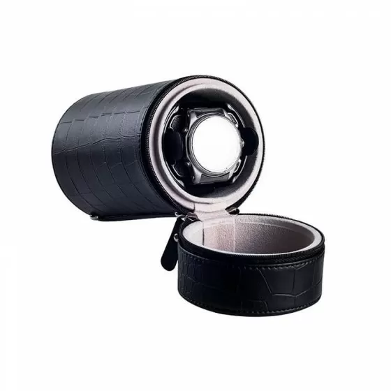 Close-up of secure clasp and black PU leather exterior on Roroos travel watch winder box