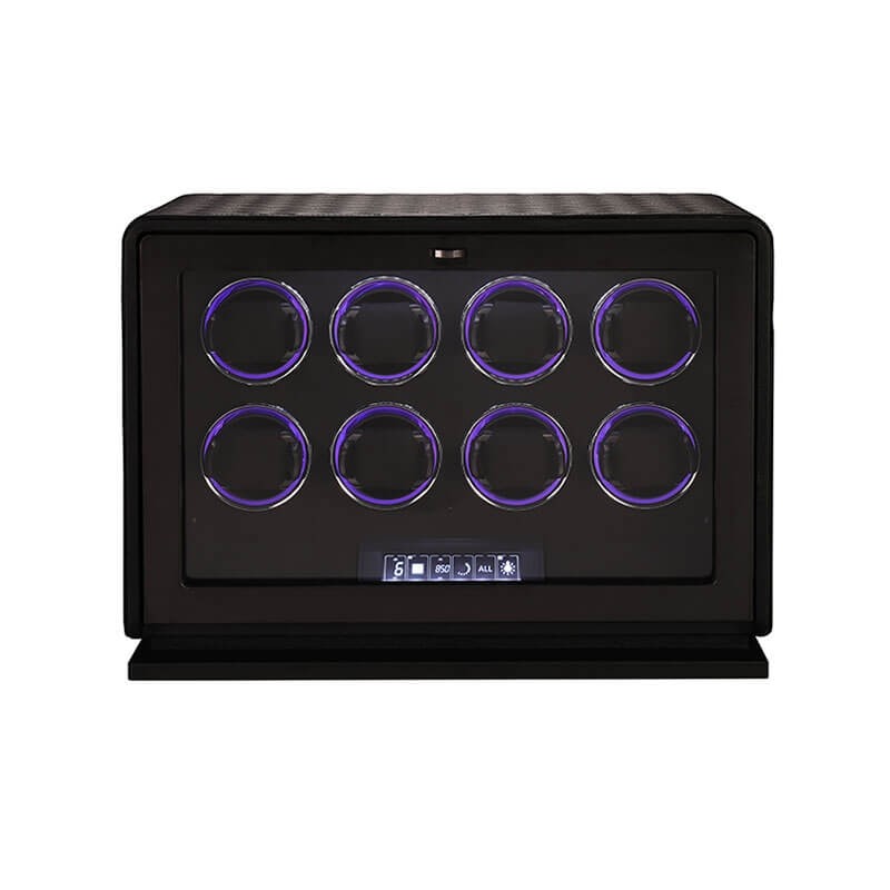Roroos Uhrenbeweger 8 Uhren aus schwarzem Leder – Luxus Watch Winder Frontansicht