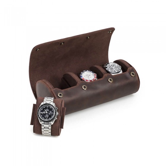 Three cushioned watch pillows inside Roroos genuine leather 3-watch roll