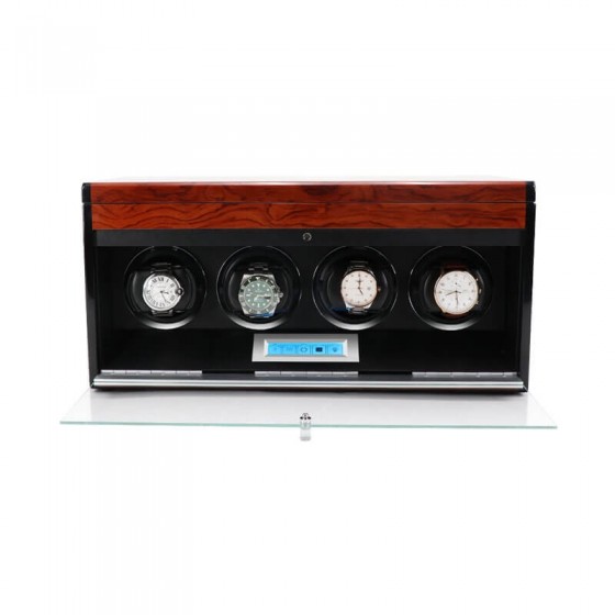High-gloss ebony wood exterior of Roroos 4-watch winder with lockable lid – Australia