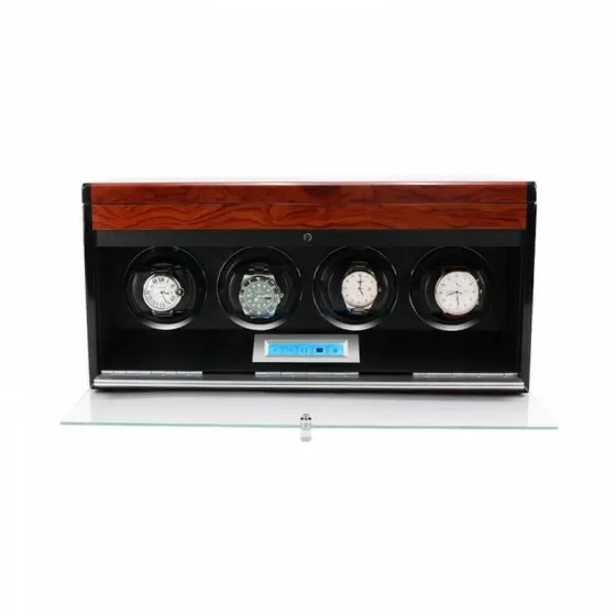 High-gloss ebony wood exterior of Roroos 4-watch winder with lockable lid – Australia