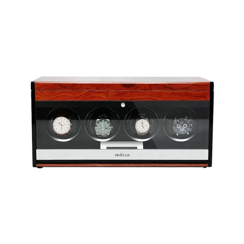 Roroos luxury 4-watch winder box in ebony wood finish with pull-out storage drawer